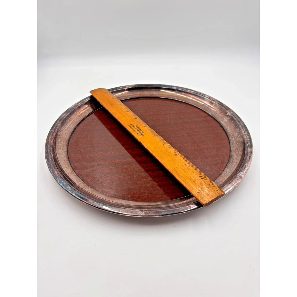 Vintage Crescent Silverplate Formica Coaster Set Wood Grain Bar Trays MCM